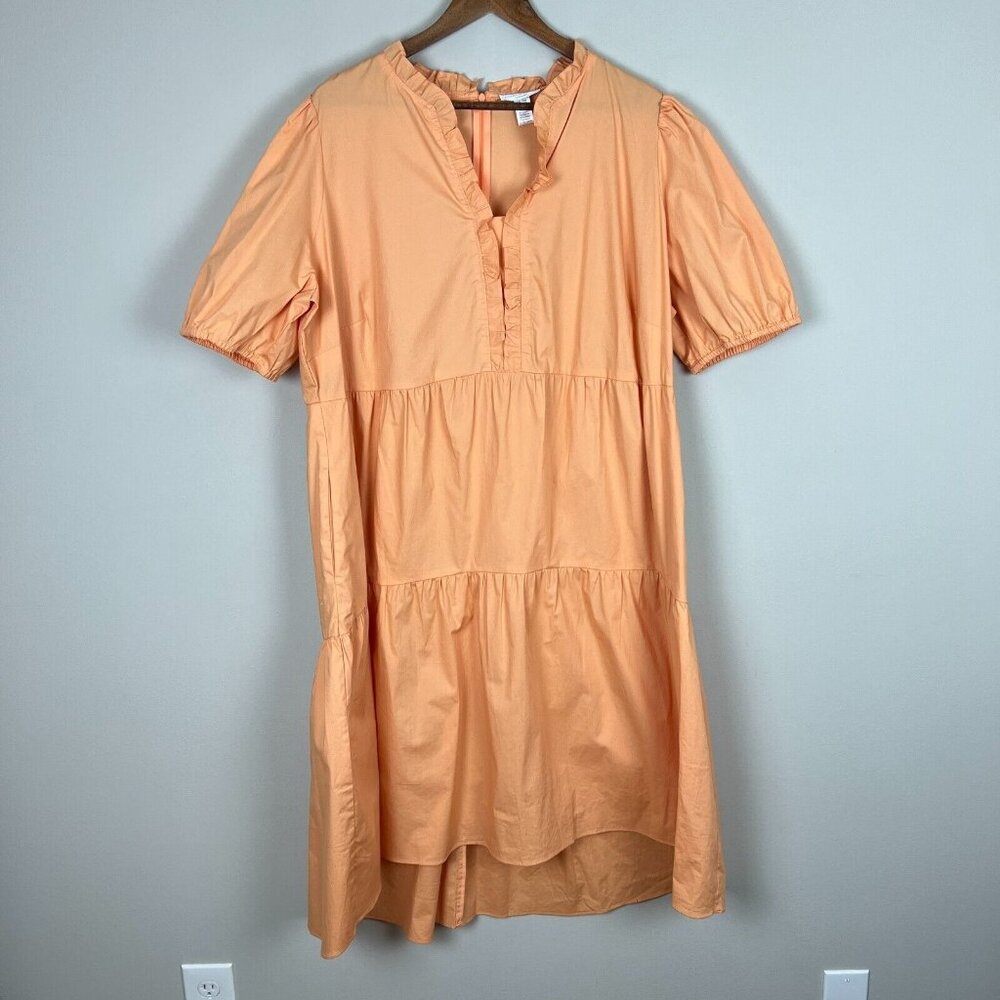 London Times Midi Dress 18W Peach Ruffled Tiered High Low Short‎ Sleeve Plus